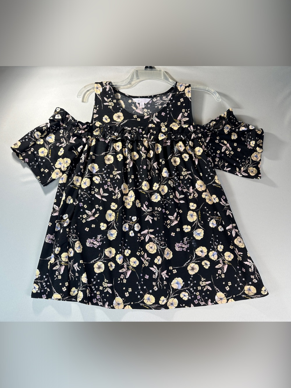 Lauren Conrad Cold Shoulder Top Blouse Large Floral Black Yellow Short Sleeve
